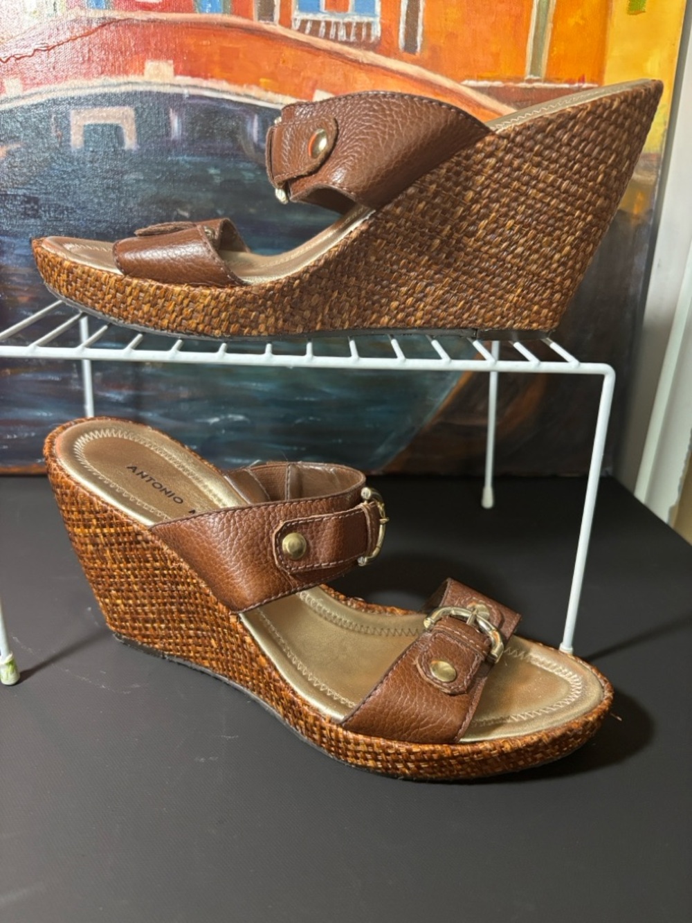 ANTONIO MELANI Brown Leather Buckle Slide Sandals with Gold Accents